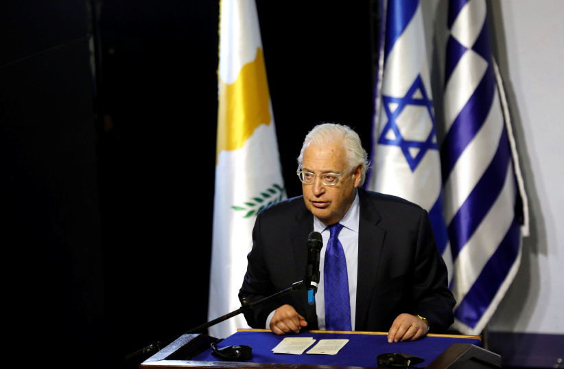 U.S. Ambassador to Israel David Friedman speaks during an event with Israeli Prime Minister Benjamin Netanyahu, Cypriot President Nicos Anastasiades and Greek Prime Minister Alexis Tsipras at Carasso Science Park in Beersheba, Israel December 20, 2018 (photo credit: AMIR COHEN/REUTERS)