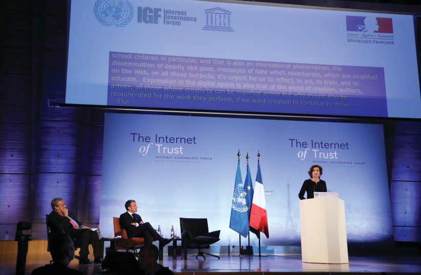 UNESCO CHIEF Audrey Azoulay speaks at the Internet Governance Forum at UNESCO HQ (photo credit: REUTERS)
