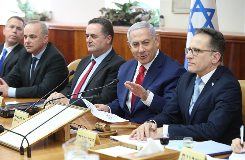 Prime Minister Benjamin Netanyahu speaks during Sunday's cabinet meeting, 2019. (photo credit: AMIT SHABI/POOL)