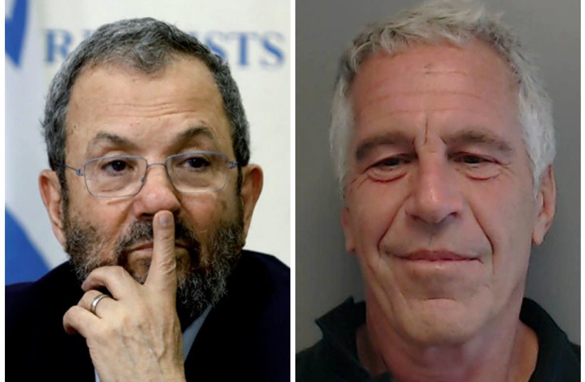 Ehud Barak and Jeffrey Epstein (credit: CORINNA KERN/REUTERS)