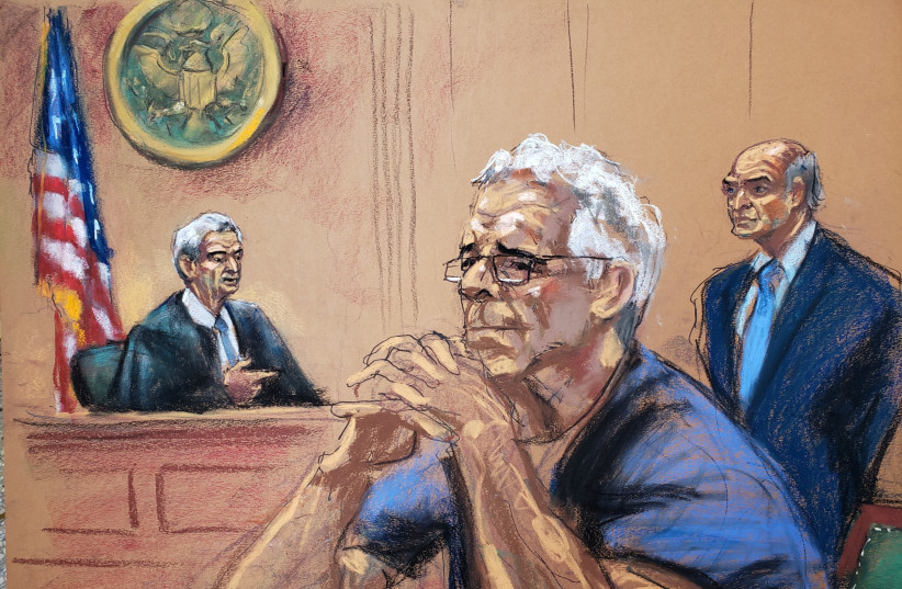 Jeffrey Epstein looks on during a status hearing in his sex trafficking case, in this court sketch in New York (photo credit: REUTERS/JANE ROSENBERG)