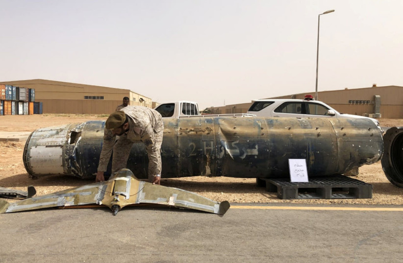 A projectile and a drone launched at Saudi Arabia by Yemen's Houthis are displayed at a Saudi military base, Al-Kharj, Saudi Arabia June 21, 2019 (credit: REUTERS/STEPHEN KALIN)