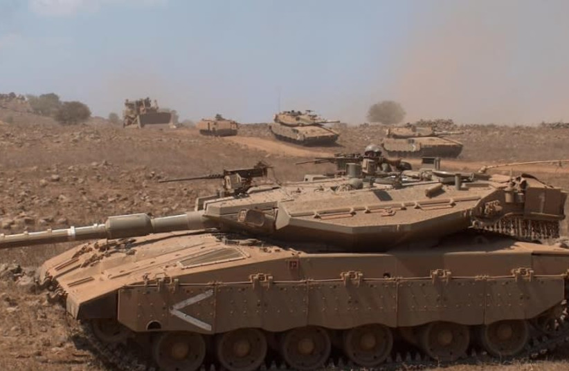 Ground forces, Caterpillar D9 bulldozer and Merkava MkIII Baz tanks of Armoured Brigade 188