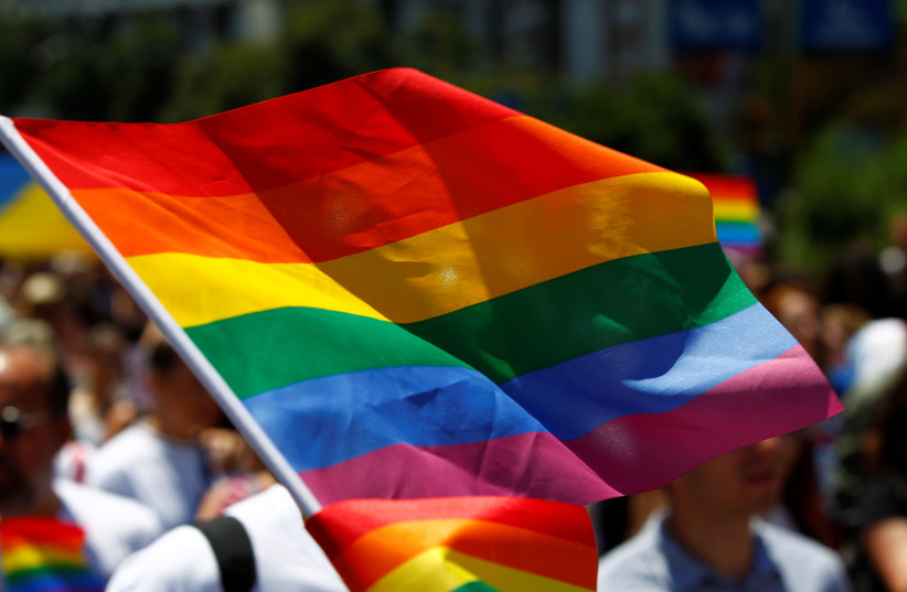 The rainbow flag, commonly known as the gay pride flag or LGBT pride flag, is seen during the first Gay Pride parade in Skopje, North Macedonia June 29, 2019 (photo credit: REUTERS/OGNEN TEOFILOVSKI)