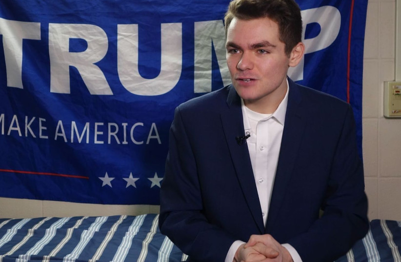 Nick Fuentes answers question during an interview with Agence France-Presse in Boston, May 9, 2016. (photo credit: WILLIAM EDWARDS/AFP VIA GETTY IMAGES)