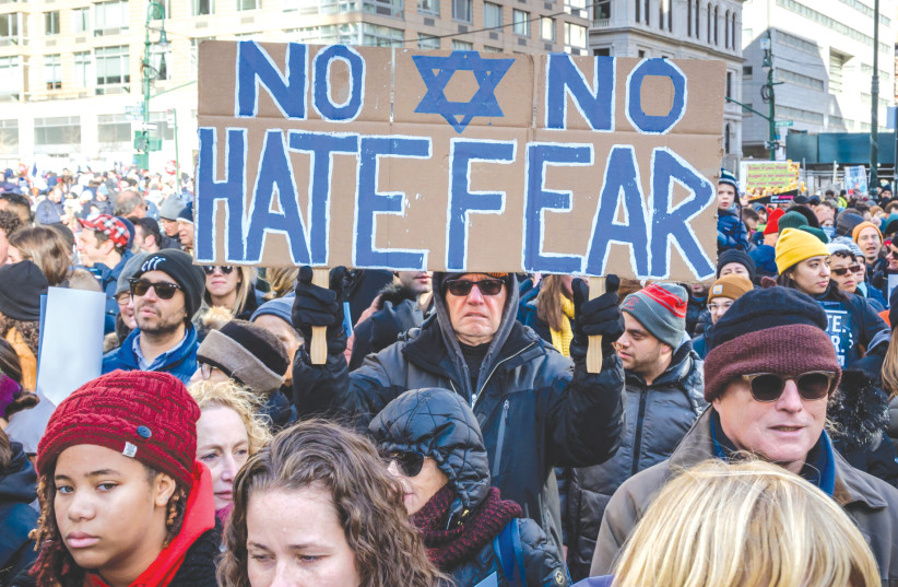 THOUSANDS OF New Yorkers gather in Foley Square last week at the No Hate. No Fear. solidarity march against the rise of antisemitism (credit: ERIK MCGREGOR/LIGHTROCKET VIA GETTY IMAGES/JTA)