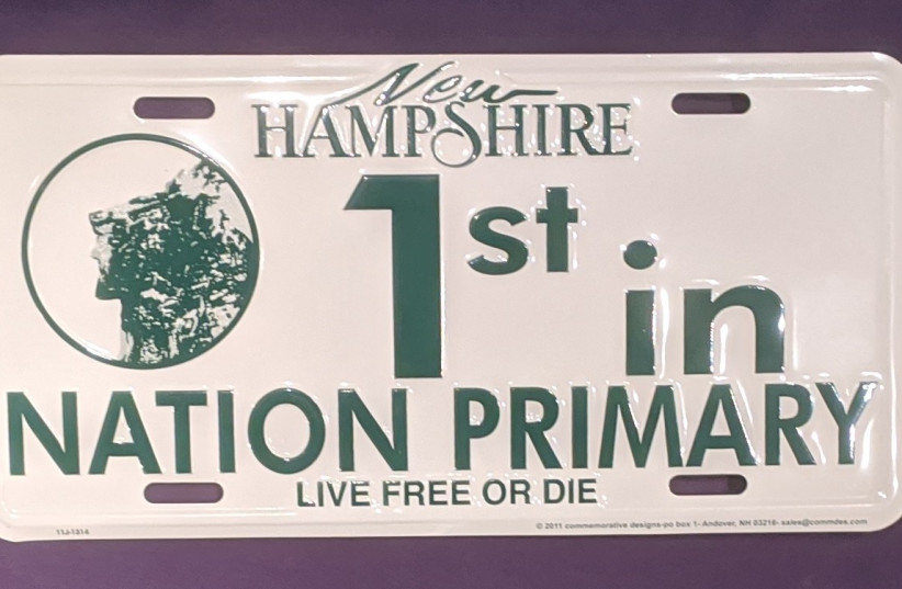 New Hampshire Pride: A souvenir New Hampshire Primary license plate now selling in the Statehouse gift shop. 2020 marks the 100th anniversary of when the Granite State first voted first in the U.S. presidential primaries. (credit: DARREN GARNICK)
