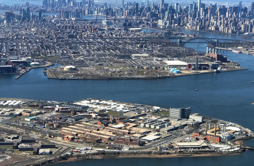 The Rikers Island Prison complex is seen from an airplane in the Queens borough of New York City, New York