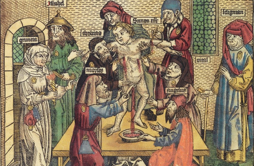 The Simon of Trent blood libel: Illustration in Hartmann Schedel’s Weltchronik, 1493 (credit: Wikimedia Commons)