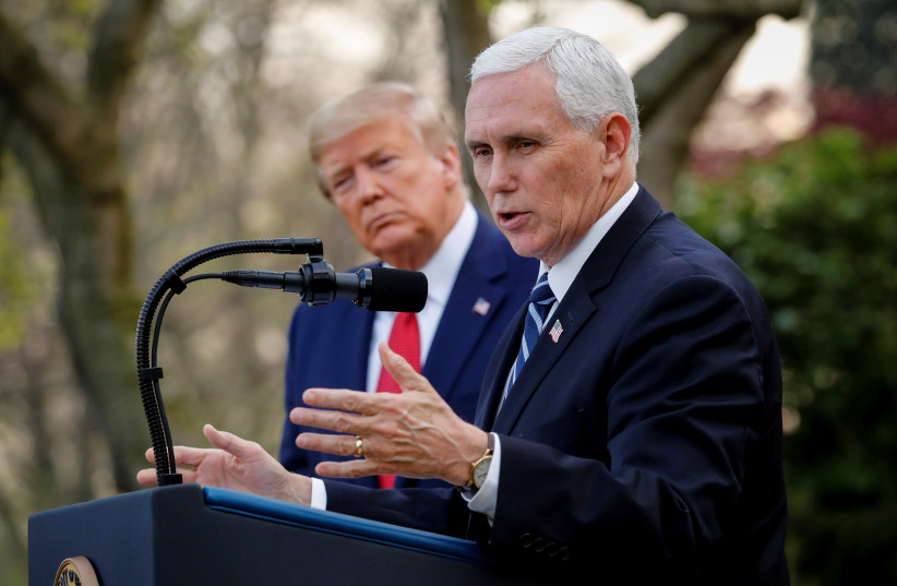 U.S. Vice President Mike Pence speaks during a news conference next to President Donald Trump in the Rose Garden of the White House in Washington, U.S., March 29, 2020 (credit: AL DRAGO/REUTERS)