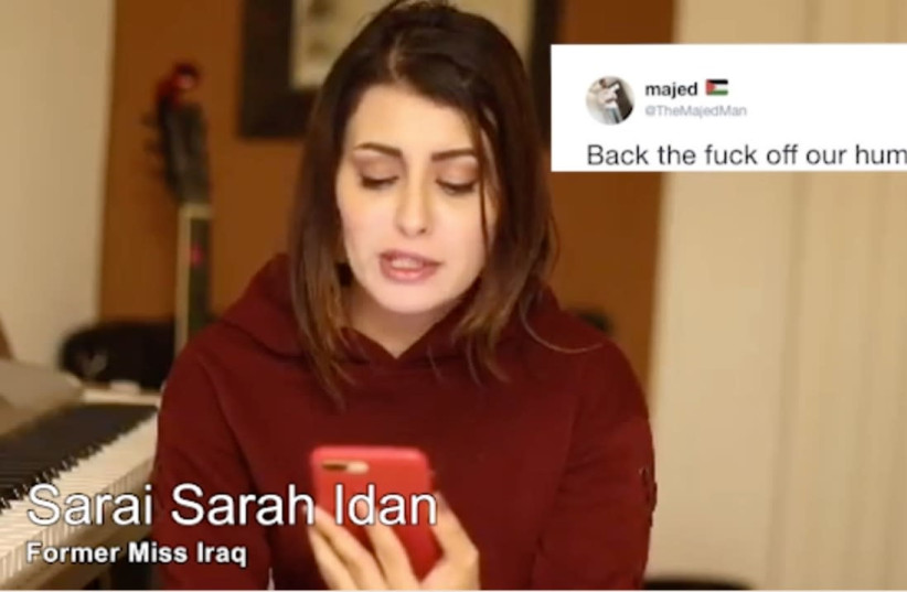 Sarai Sarah Idan former Miss Iraq participates in Mean Tweets Israel Edition (credit: HALLEL SILVERMAN)