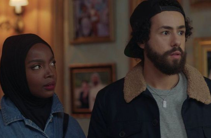 Ramy Hassan (played by Ramy Youssef) and Zainab (played by MaameYaa Boafo) in a scene from the second season of the Hulu show “Ramy.” (A24) (credit: JTA)