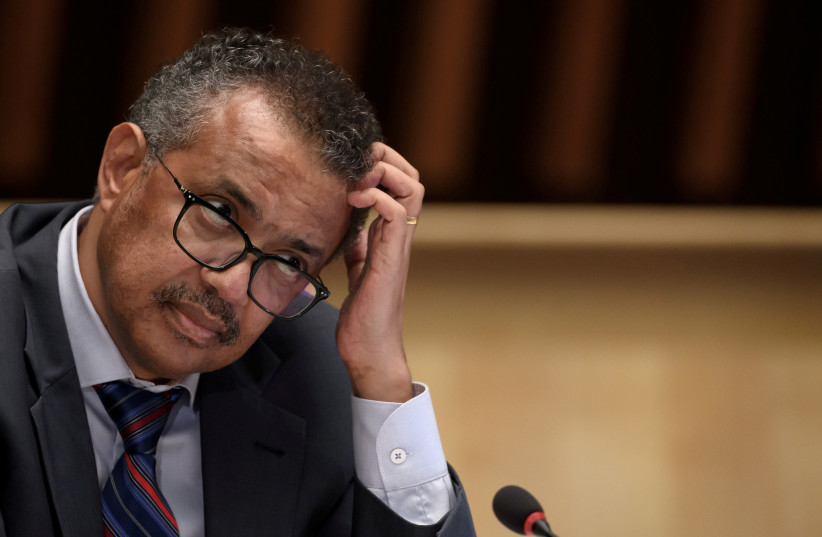 World Health Organization (WHO) Director-General Tedros Adhanom Ghebreyesus attends a news conference organized by Geneva Association of United Nations Correspondents (ACANU). July 3, 2020 (credit: FABRICE COFFRINI/POOL VIA REUTERS)