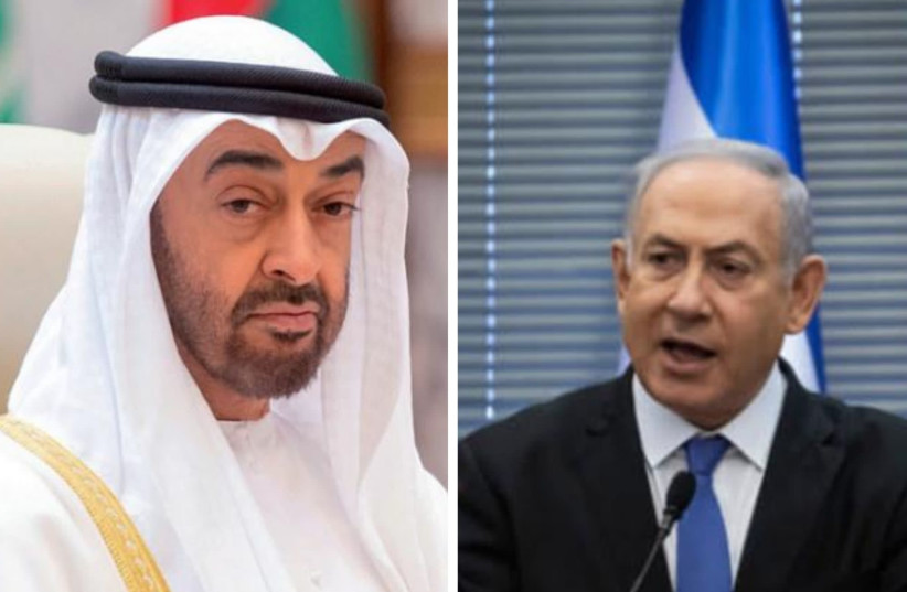 Abu Dhabi’s Crown Prince Sheikh Mohammed Bin Zayed at the Gulf Cooperation Council summit in Mecca on May 30, 2019; Benjamin Netanyahu (credit: HADAS PARUSH/FLASH90/BANDAR ALGALOUD/SAUDI ROYAL COURT/REUTERS)