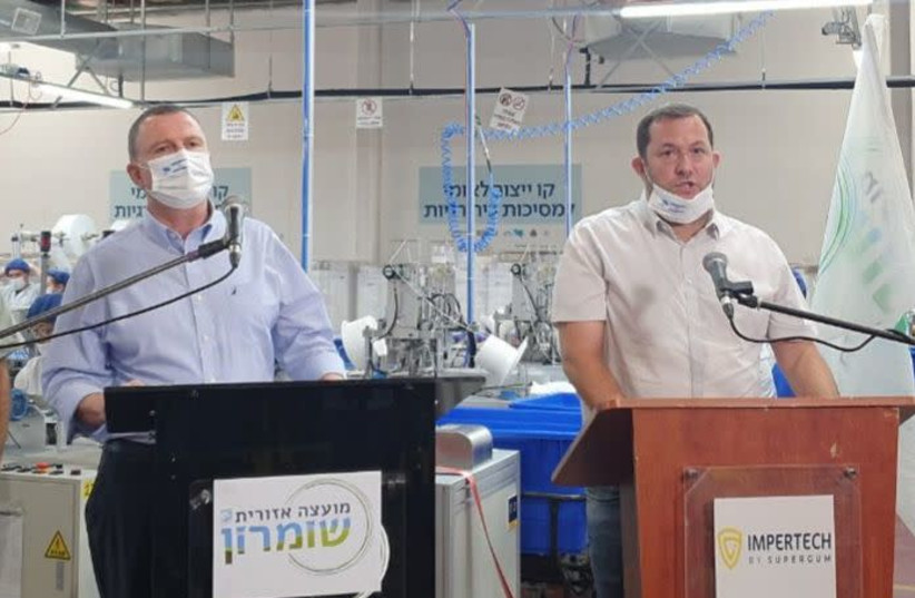Health Minister Yuli Edelstein (L) alongside Samaria Regional Council head Yossi Dagan, August 18, 2020 (photo credit: SAMARIA REGIONAL COUNCIL)