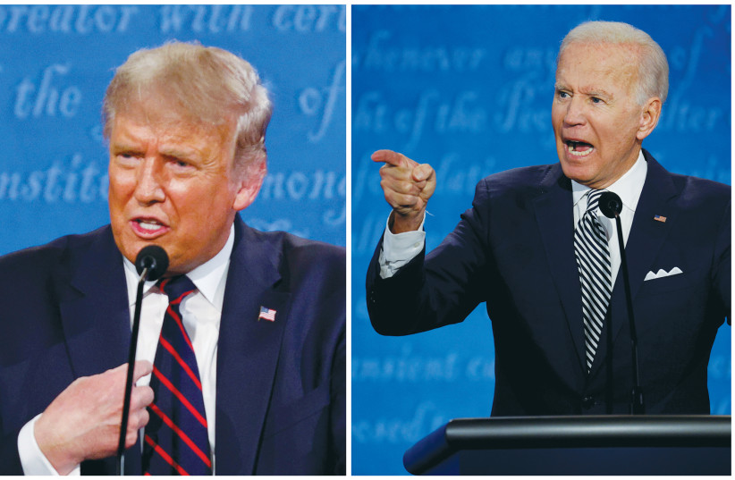 US PRESIDENT Donald Trump and Democratic presidential nominee Joe Biden debate in Cleveland, Ohio, on Tuesday. (credit: BRIAN SNYDER / REUTERS)