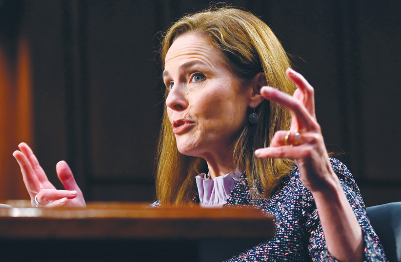 JUDGE AMY Coney Barrett speaks at her Senate confirmation hearing to the Supreme Court, on Capitol Hill in Washington, on Wednesday.  (credit: ANDREW CABALLERO-REYNOLDS/REUTERS)