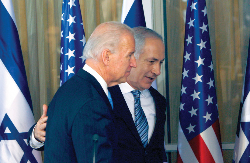 Prime Minister Benjamin Netanyahu and then-US vice president Joe Biden leave after a joint statement to the media at the Prime Minister’s Residence in Jerusalem on March 9, 2010. (credit: RONEN ZVULUN/REUTERS)