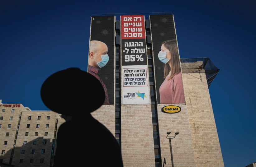 TODAY, ‘HEALTH minister is one of the most coveted jobs’: A Health Ministry billboard in the capital stresses the importance of face masks. (credit: YONATAN SINDEL/FLASH 90)