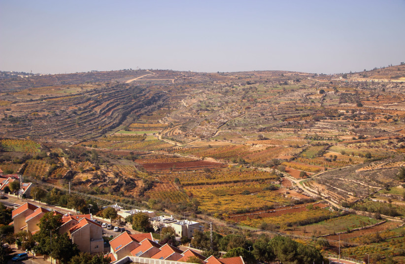 View of the Jewish settlement of Efrat and the surrounding fields, in Gush Etzion, West Bank, on December 1, 2020.  (credit: GERSHON ELINSON/FLASH90)