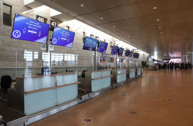 The departure hall of an almost empty Ben-Gurion Airport, January 25, 2021.  (credit: YOSSI ALONI/FLASH90)