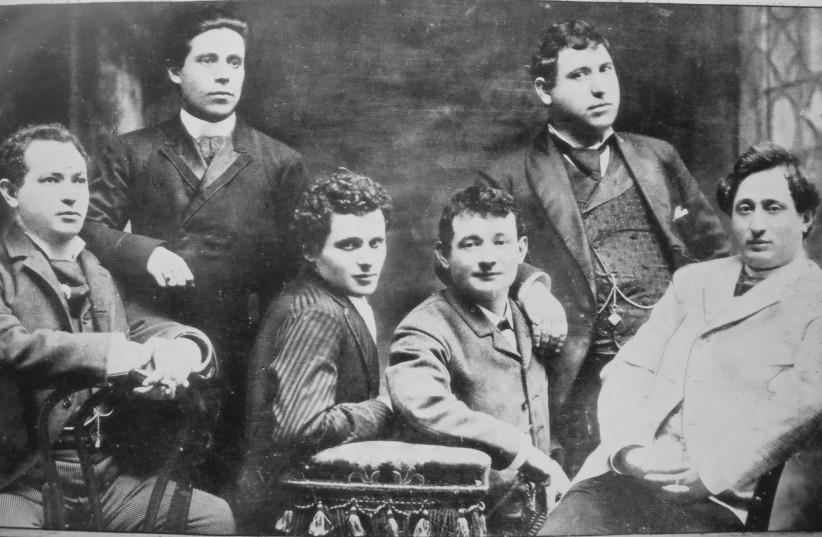 Yiddish theater members, from right, Jacob Adler, Zigmund Feinman, Zigmund Mogulesko, Rudolf Marx, Mr. Krastoshinsky and David Kessler in 1888. (credit: Wikimedia Commons)