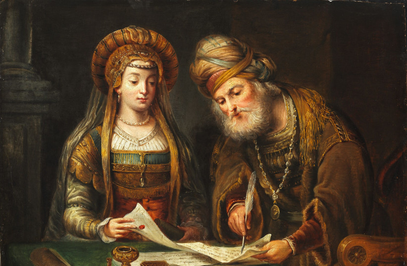 ‘Esther and Mordecai’ by Aert de Gelder, a student of Rembrandt, which  is now in the Museum of Fine Arts in Budapest. (credit: Wikimedia Commons)
