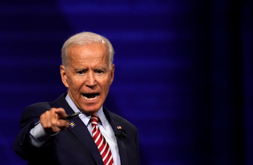 Democratic 2020 US presidential candidate and former Vice President Joe Biden reacts during a televised townhall on CNN dedicated to LGBTQ issues in Los Angeles, California, US October 10, 2019.  (credit: REUTERS/MIKE BLAKE)