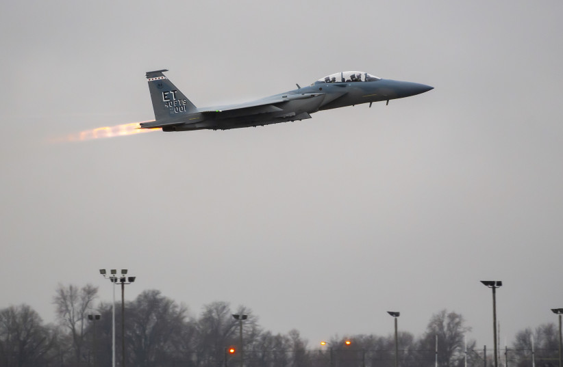 An F15EX fighter jet taking off from a runway in the United States. (credit: BOEING)