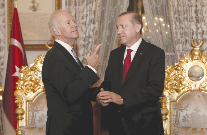 TURKISH PRESIDENT Recep Tayyip Erdogan and then-US vice president Joe Biden chat after their meeting in Istanbul in 2016.  (credit: REUTERS)
