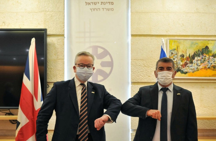 Foreign Minister Gabi Ashkenazi meets with UK Cabinet Office Minister Michael Gove, Tuesday, April 20, 2021.
