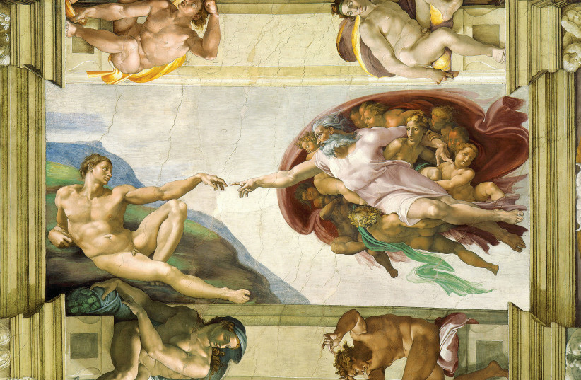 MICHELANGELO’S ‘Creation of Adam’ – God as pure thought or reason? (photo credit: Wikimedia Commons)