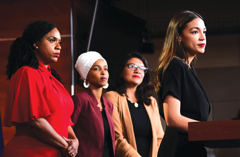 US REPS. (from left) Ayanna Pressley, Ilhan Omar, Rashida Tlaib and Alexandria Ocasio-Cortez, four members of ‘the Squad,’ have made a name for themselves in their bashing of Israel over the last few years.  (photo credit: ERIN SCOTT/REUTERS)