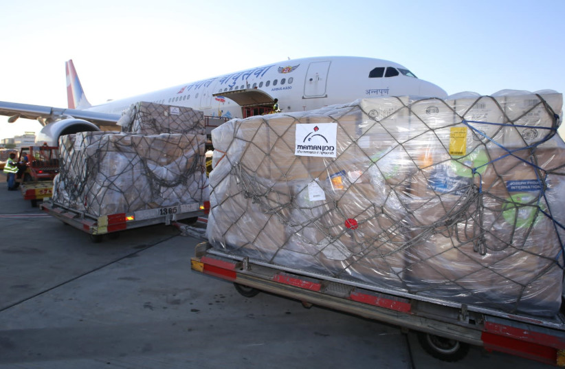 The Nepal Air aircraft containing coronavirus supplies from Israel, to be sent to Nepal to help the country fight the pandemic, July 7, 2021.  (credit: FOREIGN MINISTRY)