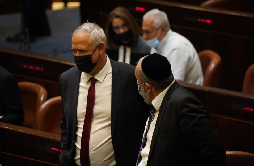 Defense Minister Benny Gantz in the Knesset Plenum. August 4, 2021. (photo credit: KNESSET SPOKESPERSON'S OFFICE)