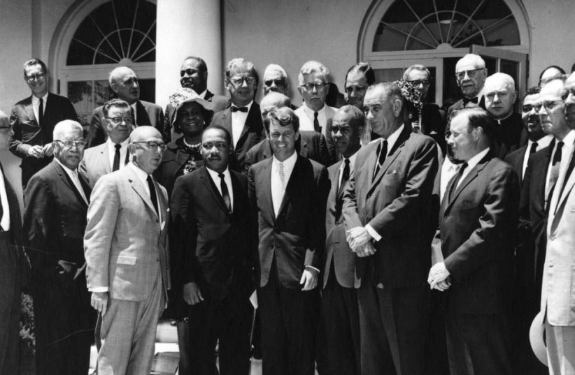  Attorney General Robert F. Kennedy meets with civil rights leaders, including Dr. Martin Luther King Jr., in the Rose Garden of the White House, Washington, D.C., June 22, 1963 (photo credit: Abbie Rowe, National Parks Service/JFK Presidential Library and Museum/Handout via REUTERS)