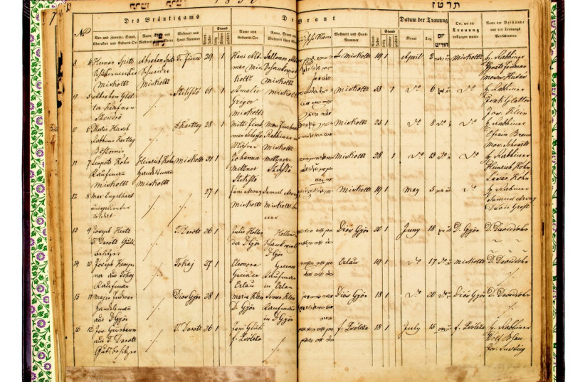  Marriage records from Mishkoltz, Hungary and surrounding area, 19th century. (credit: COURTESY/THE NATIONAL LIBRARY OF ISRAEL)
