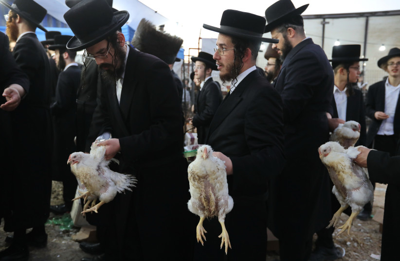  Ultra Orthodox Jews perform the Kaparot ceremony on September 26, 2020, in Beit Shemesh. The Jewish ritual is supposed to transfer the sins of the past year to the chicken, and is performed before the Day of Atonement, or Yom Kippur, the most important day in the Jewish calendar. (photo credit: YAAKOV LEDERMAN/FLASH90)