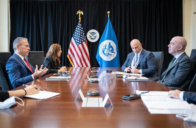  Israeli ambassador to the US Gilad Erdan and Secretary of Homeland Security Alejandro Mayorkas meet. (credit: ISRAELI DELEGATION TO THE UN)