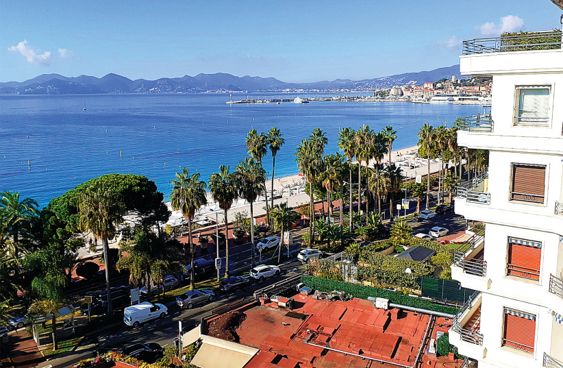 A bid's-eye view of the Cannes beach from a Martinez Hotel guest room window.