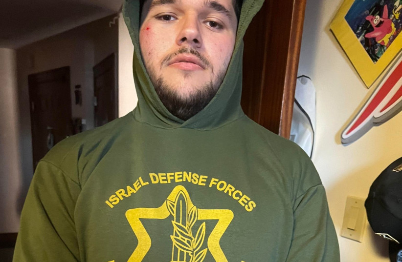  Blake Zavadsky in his IDF hoodie after being attacked on Sunday. (credit: COURTESY OF BLAKE ZAVADSKY)