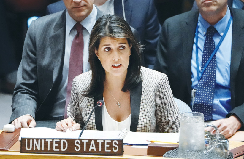  THEN-US ambassador to the United Nations Nikki Haley speaks during a meeting of the United Nations Security Council in 2018. (credit: CARLO ALLEGRI/REUTERS)