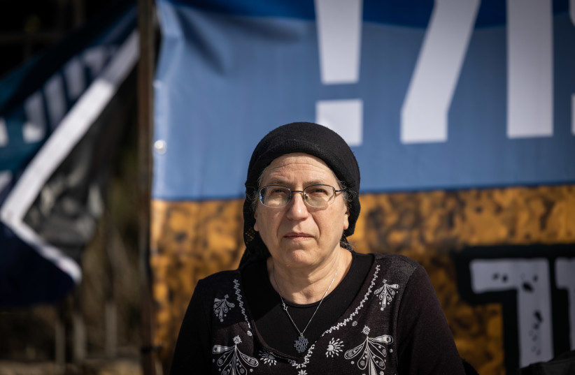 MK Orit Struk attends a protest against the demolition of structures in the illegal outpost of Homesh, outside the Prime Minister's office in Jerusalem on January 9, 2022.
