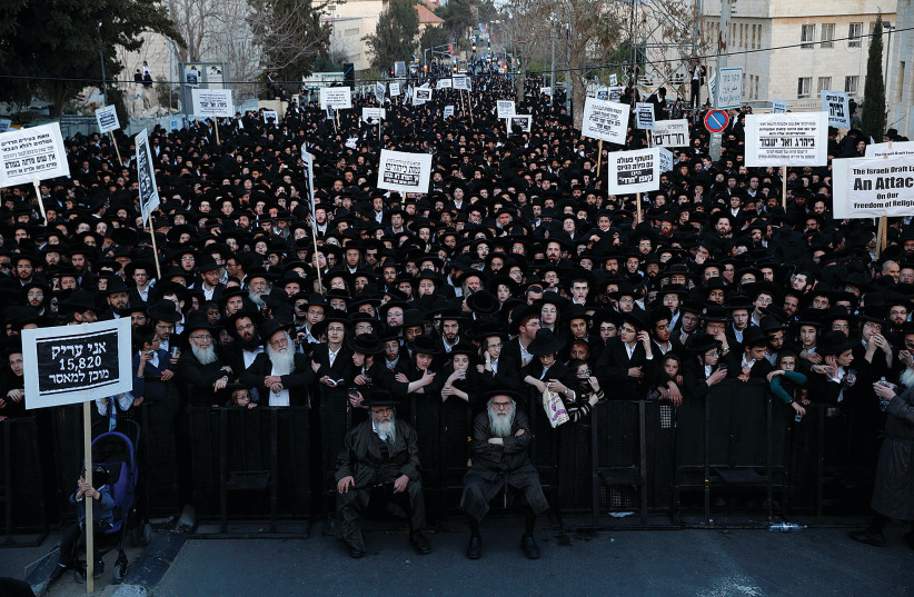  ULTRA-ORTHODOX Jews participate in a mass demonstration in Jerusalem against members of their community serving in the IDF. (credit: BAZ RATNER/REUTERS)