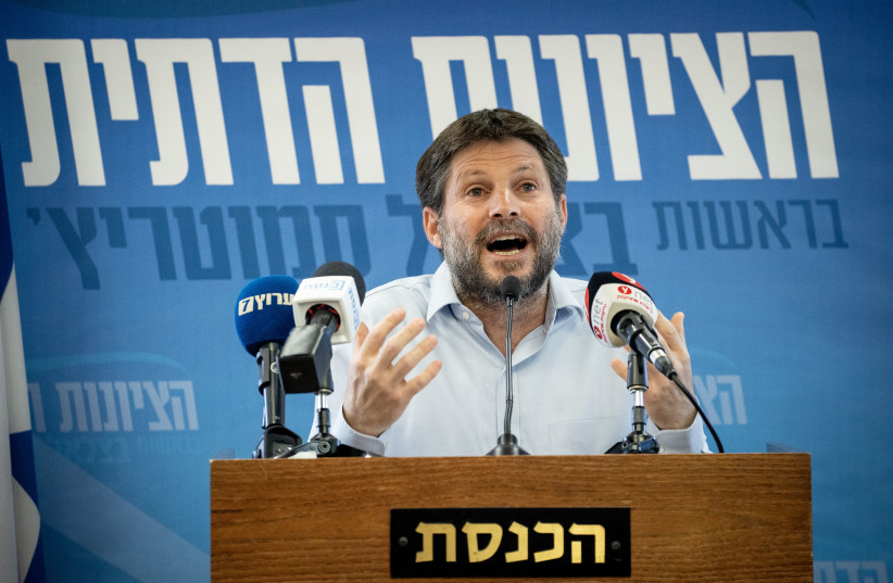  Head of the Religious Zionist Party MK Bezalel Smotrich  gives a press statement at the Knesset, the Israeli parliament in Jerusalem, on May 26, 2021.  (photo credit: YONATAN SINDEL/FLASH90)