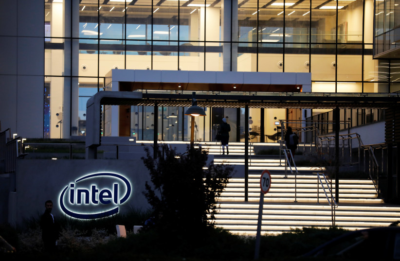  US chipmaker Intel Corp's logo is seen at the entrance to their "smart building" in Petah Tikva, near Tel Aviv, Israel December 15, 2019.  (photo credit: AMIR COHEN/REUTERS)