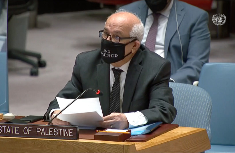  Palestinian Authority Ambassador to the United Nations Riyad Mansour wearing an ''end apartheid'' face mask to the UN Security Council (credit: UN WEB TV/SCREENSHOT)
