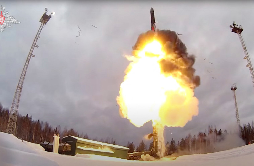  A Russian Yars intercontinental ballistic missile is launched during the exercises by nuclear forces in an unknown location in Russia, in this still image taken from video released February 19, 2022. (credit: Russian Defence Ministry/Handout via REUTERS)