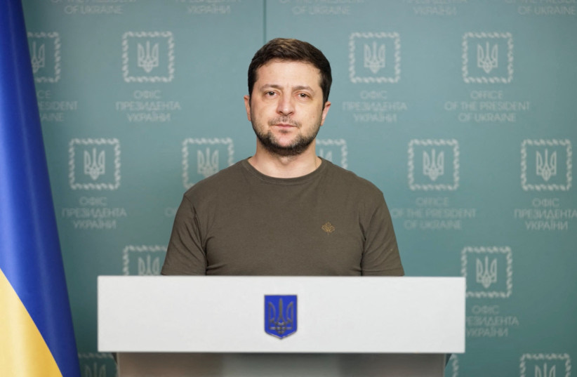  Ukrainian President Volodymyr Zelensky appeals to Russians to stage protests over Russian forces' seizure of the Zaporizhzhia nuclear power plant, the largest in Europe, during an address from Kyiv, Ukraine March 4, 2022 in this still image from video.  (credit: Courtesty of Ukrainian Presidential Press Service/Handout via REUTERS )