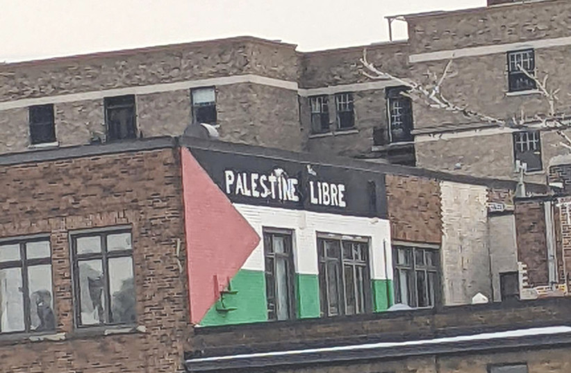  A ‘FREE PALESTINE’ mural on Pine Avenue West (Avenue des Pins) in Montreal, where the writer walks to class at McGill University each morning.  (credit: JONAH FRIED)
